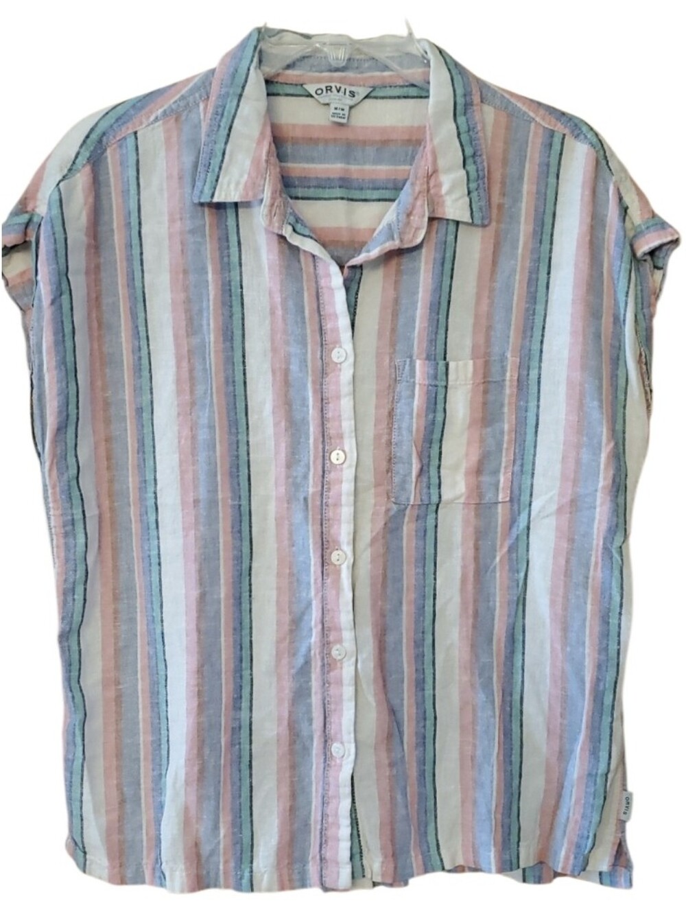 Orvis Women's Pink, Blue & White Striped Linen Blend Button-Down Shirt Size Med